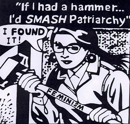 woman holding a hammer below text that says "If I had a hammer I'd smash patriarchy!" She is exclaiming "I FOUND IT!"